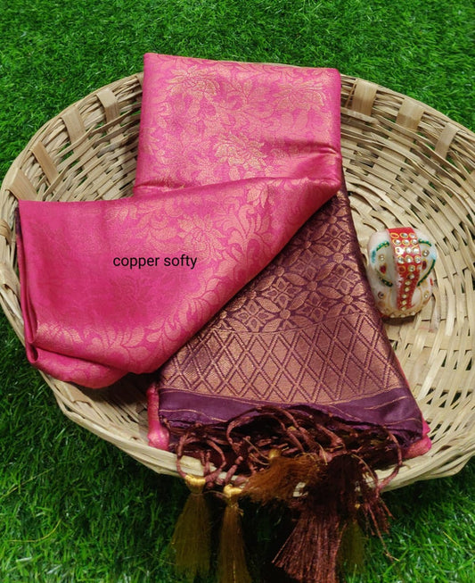 FABULOUS  SOFT SILK SAREE WITH COPPER JARI N CONTRAST BORDER