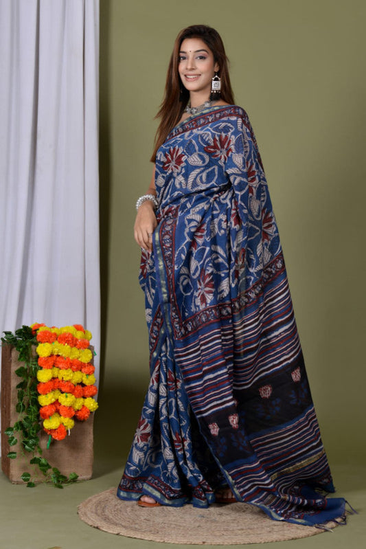 Natural Hand Block Printed Ajrakh Chanderi Cotton Silk Saree!!