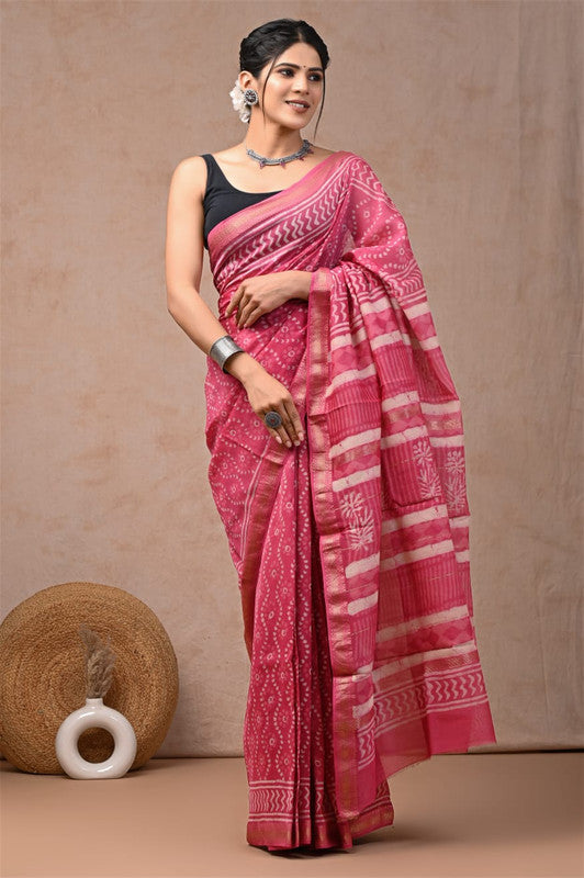 Pink & Multi Coloured Hand Block Printed Women Designer Party wear Maheshwari Cotton Silk Saree with Runnin Blouse!!