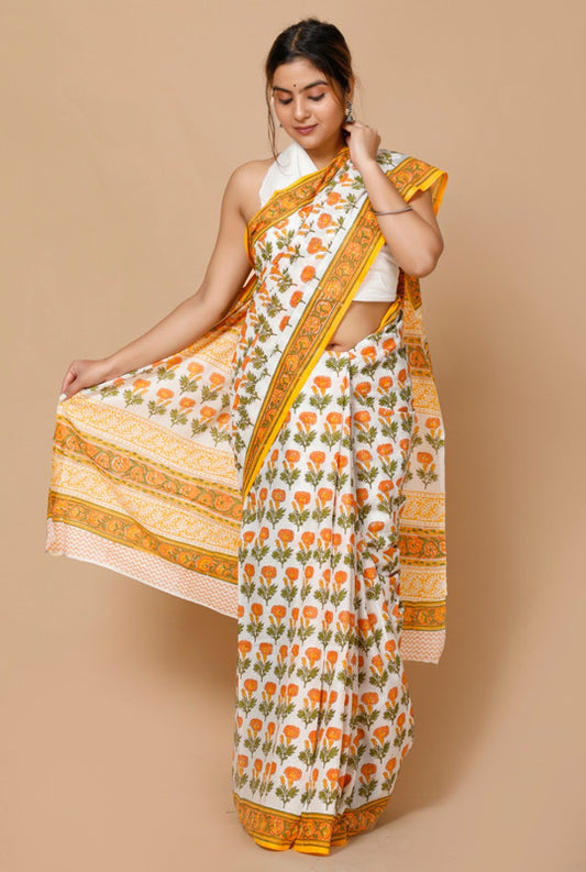 Yellow & White Beautiful Hand Block Printed Cotton Saree with Blouse!!