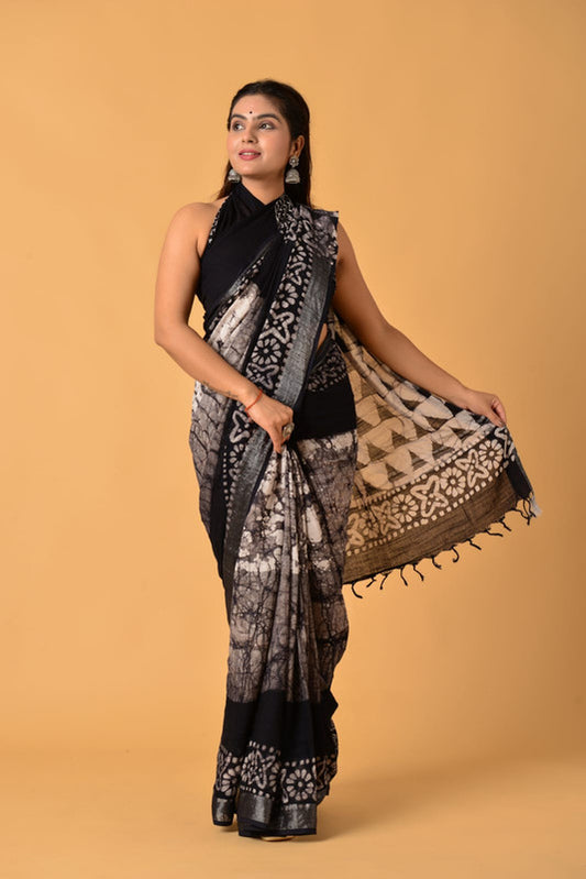 Black & Brown Coloured Linen Cotton with Beautiful Hand Block Printed Women Party/Daily wear Designer Linen Cotton Saree with Blouse!!