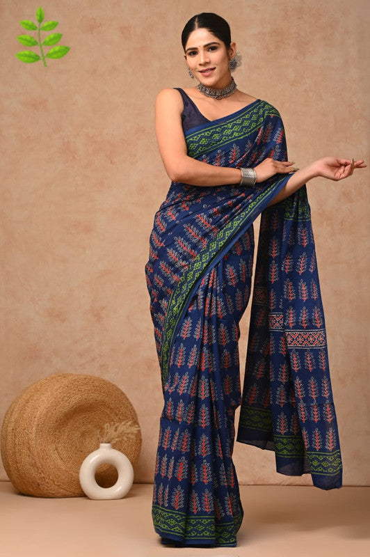 Blue & Multi Coloured Beautiful Hand Block printed Women Daily/Party wear Pure Cotton Saree with Blouse!!