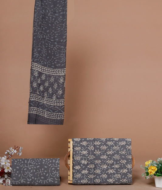 Grey Coloured Exclusive Unstitched Pure Cotton Hand Block Printed Party wear Dress Material Suit!!