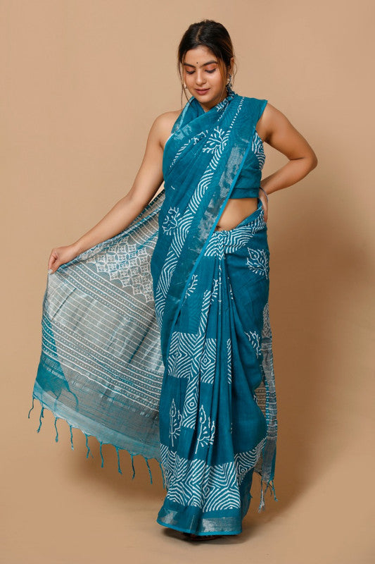 LINEN COTTON HAND BLOCK PRINT SAREE WITH BLOUSE!!