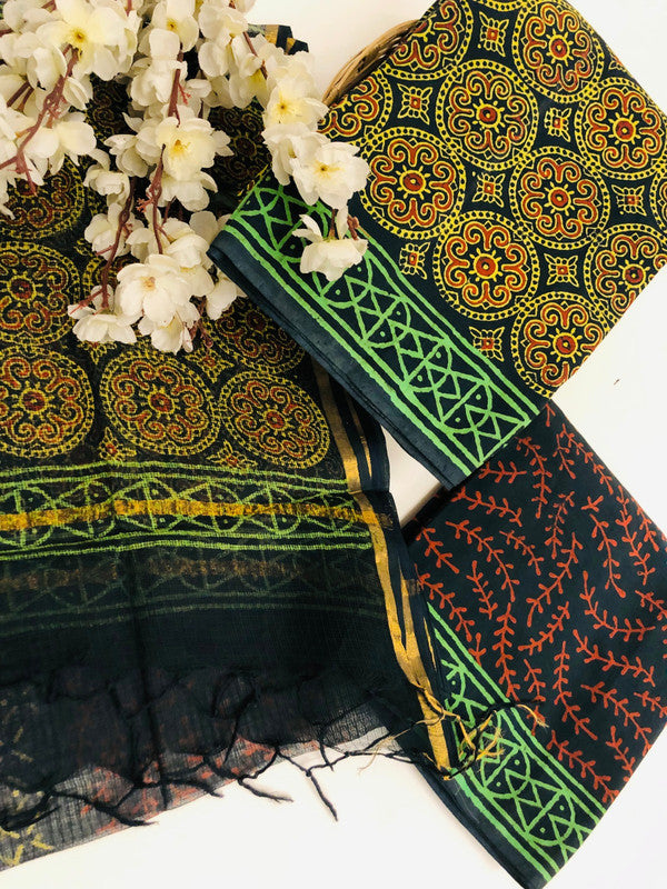 Paroot Green & Black Coloured Exclusive Unstitched Pure Cotton Printed Women Party/Daily wear Dress Material Suit- Top with Bottom & Kota Doria Jari Border Dupatta!!