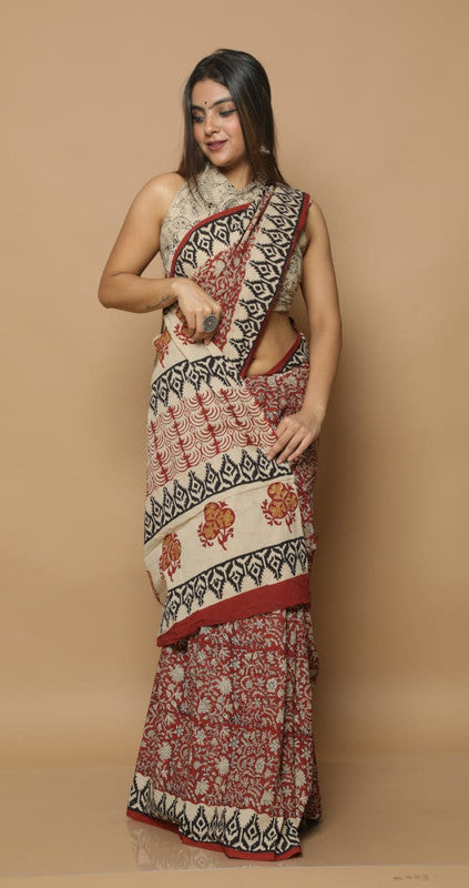 Beige & Maroon Coloured Beautiful Hand Block printed Women Daily/Party wear Pure Cotton Saree with Blouse!!