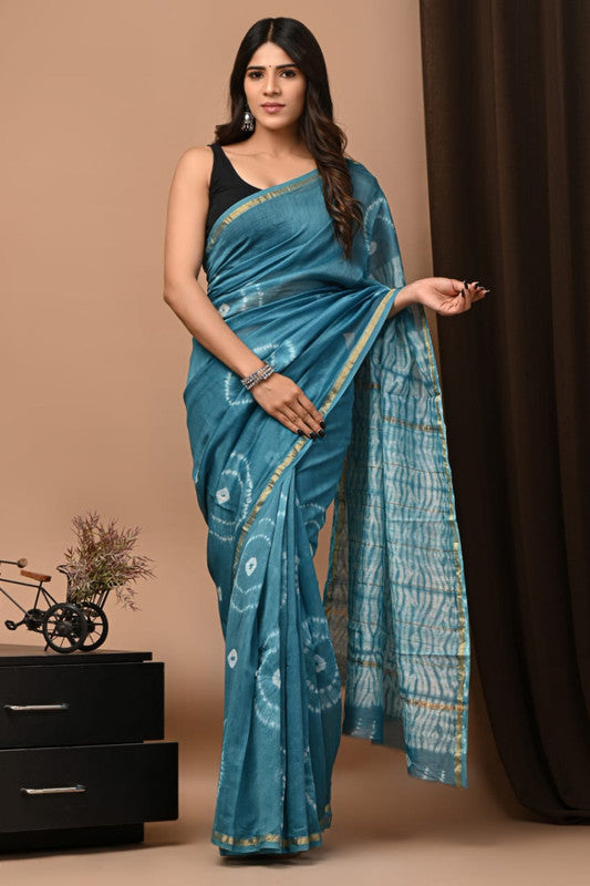 Rama Blue & Off White Coloured Hand Block Printed Women Designer Party wear Chanderi Cotton Silk Saree with Runnin Blouse!!