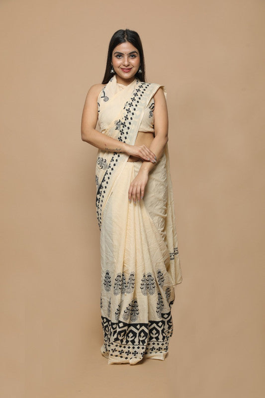 Beige & Black Coloured Exclusive Hand Printed Mul Cotton Saree with Blouse!!