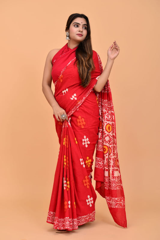 Red & Multi Coloured Pure Cotton with Beautiful Hand Block Printed Women Party/Daily wear Designer Cotton Saree with Blouse!!