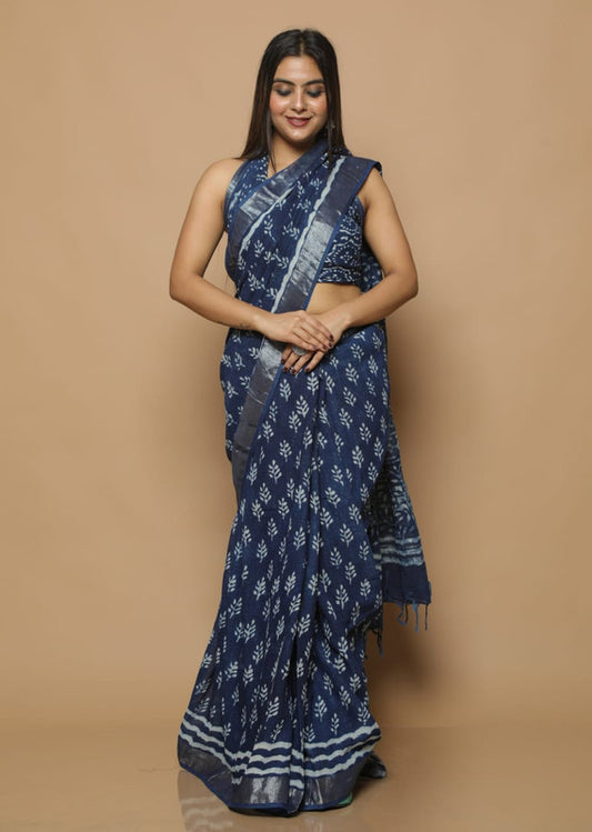 LINEN COTTON HAND BLOCK PRINT SAREE