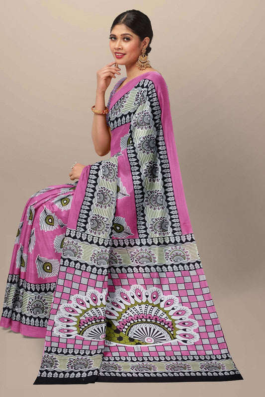 Pink & Multi Coloured Premium Mul Mul Cotton Beautiful Hand Block printed Women Daily/Party wear Saree with Blouse!!