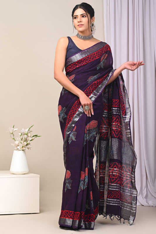 Purple & Multi Coloured Exclusive Hand Block printed Women Daily/Party wear Linen Cotton Saree with Blouse!!