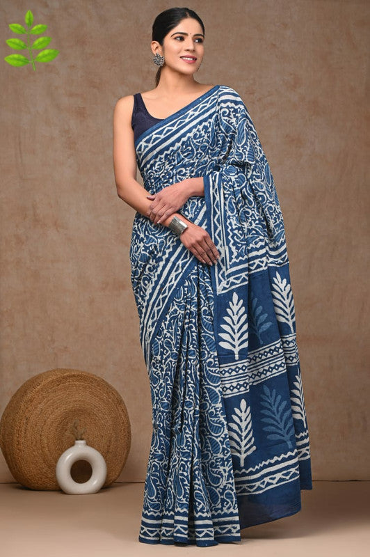 Blue & White Coloured Pure Cotton Beautiful Hand Block printed Women Daily/Party wear Saree with Blouse!!