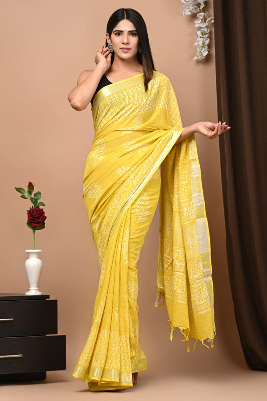 Latest Attractive Beautiful Designer Hand Block Print Linen Saree