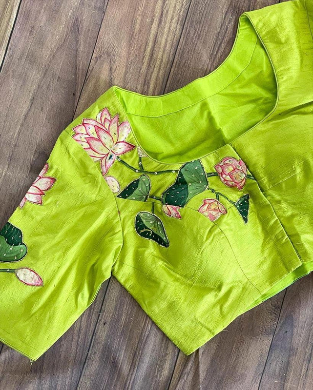 Light Green Ready made Blouse - Pure Silk with Hand print& Antique Handcrafted work !!