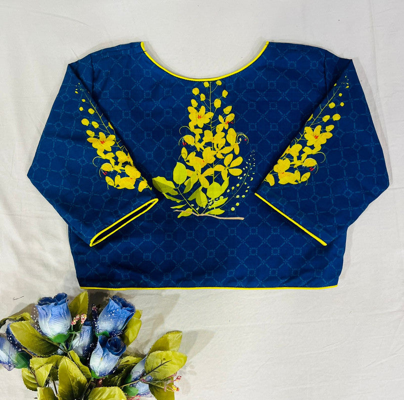 Dark Blue Coloured Pure Cotton with Traditional Print Woman Ready made Designer Botique Style Blouse- Free Size Up to 42 Inch!!