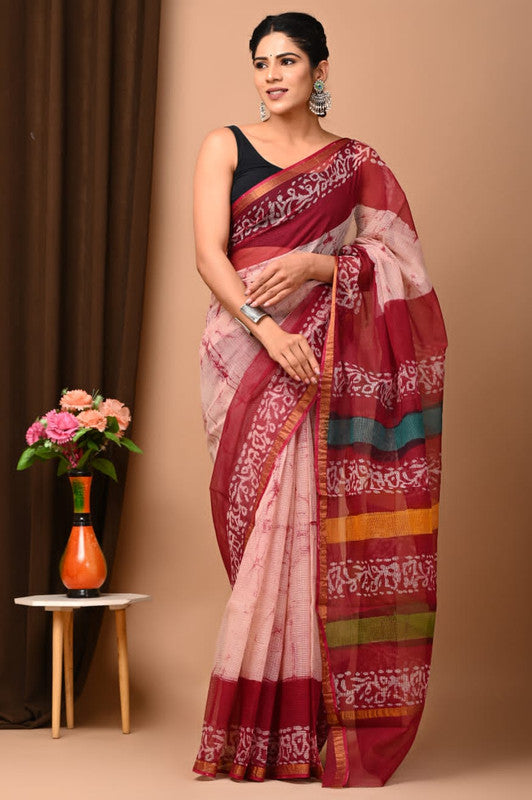 Maroon & Off White Coloured Beautiful Hand Block printed Women Daily/Party wear Kota Doriya Cotton Saree with Blouse!!