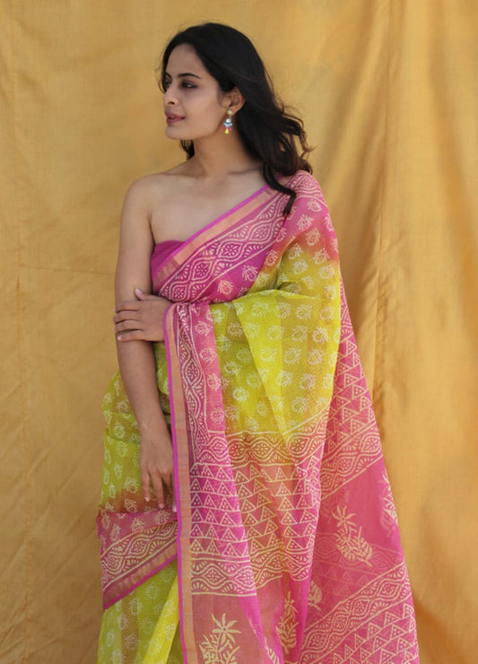 Yellow & Pink Coloured Kota Doriya Cotton Beautiful Hand Block printed Women Daily/Party wear Saree with Blouse!!