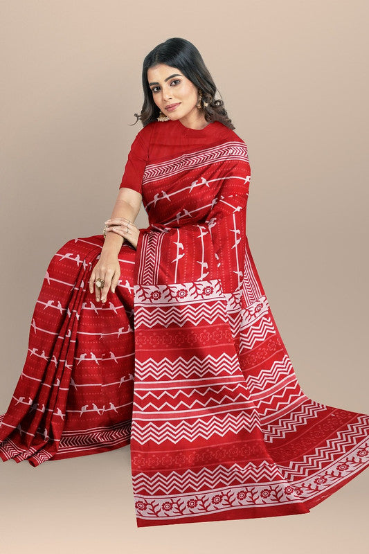 Maroon & White Coloured Premium Mul Mul Cotton Beautiful Hand Block printed Women Daily/Party wear Saree with Blouse!!