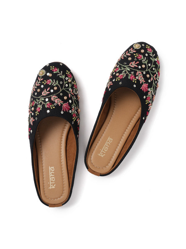 Women's Embroidered Black Canvas Closed Toe Bellies!!