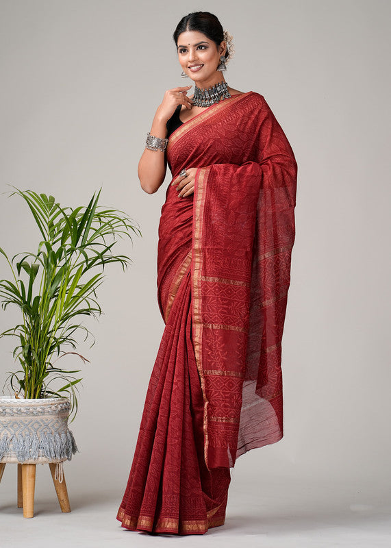 Maroon & Multi Coloured Hand Block Printed Women Designer Party wear Maheshwari Cotton Silk Saree with Runnin Blouse!!