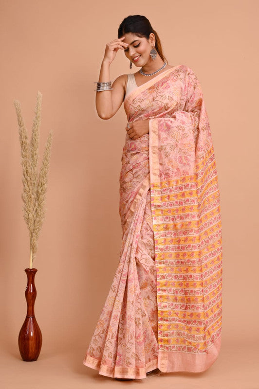 Pink & Multi Coloured Hand Block Printed Women Designer Party wear Maheshwari Cotton Silk Saree with Runnin Blouse!!