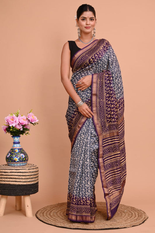 Grey & Multi Coloured Hand Block Printed Women Designer Party wear Maheshwari Cotton Silk Saree with Runnin Blouse!!