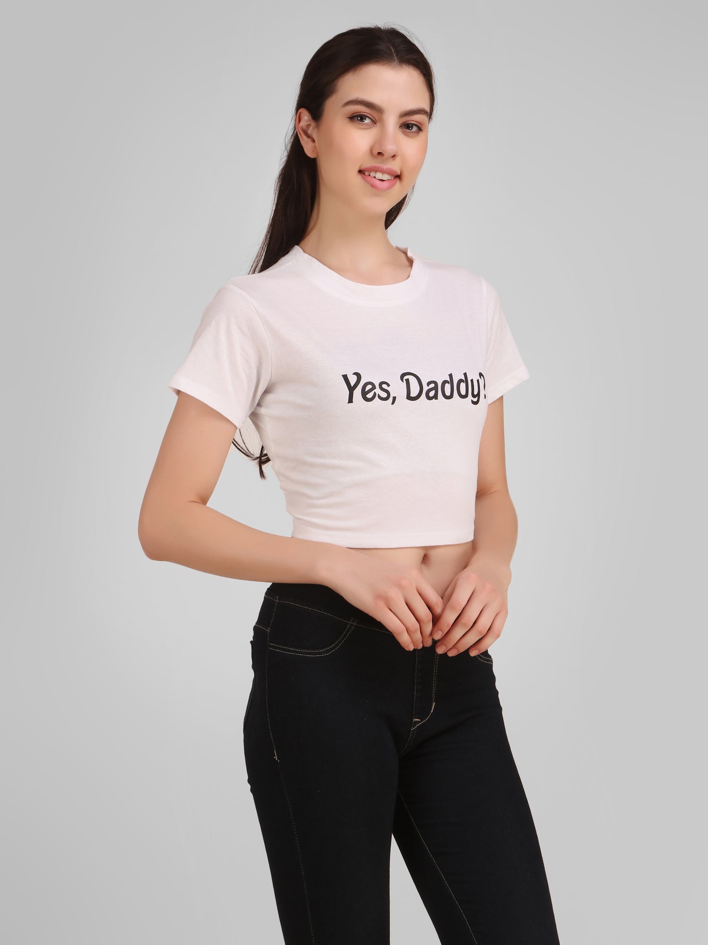 White Coloured Yes Daddy Print Trendy Crop Top!!