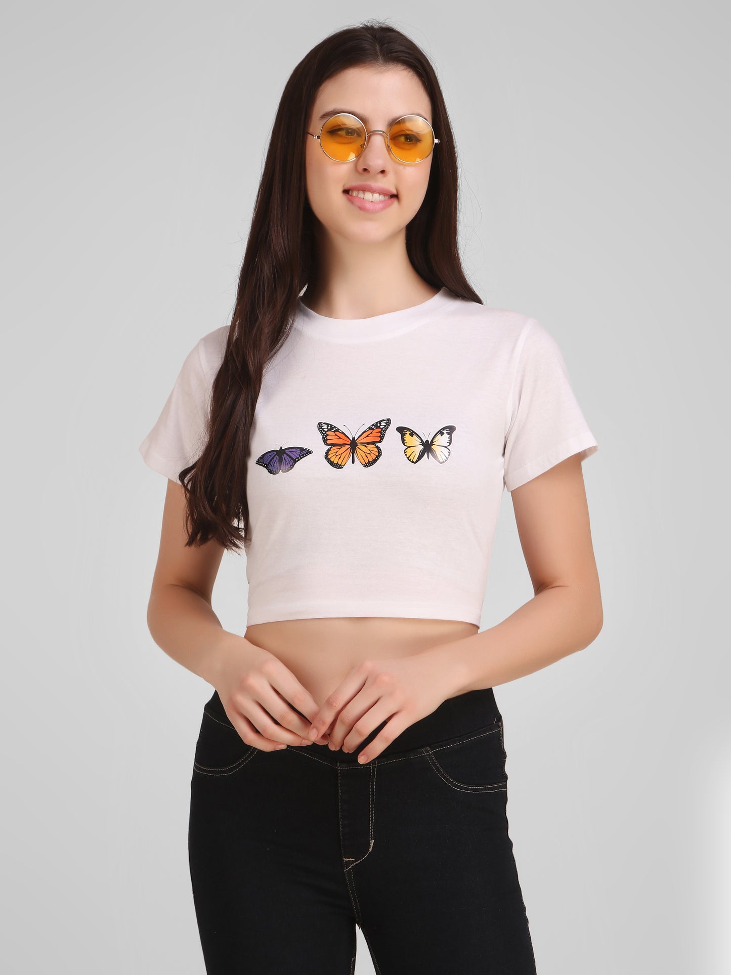 White Coloured Butterfly Print Trendy Crop Top!!