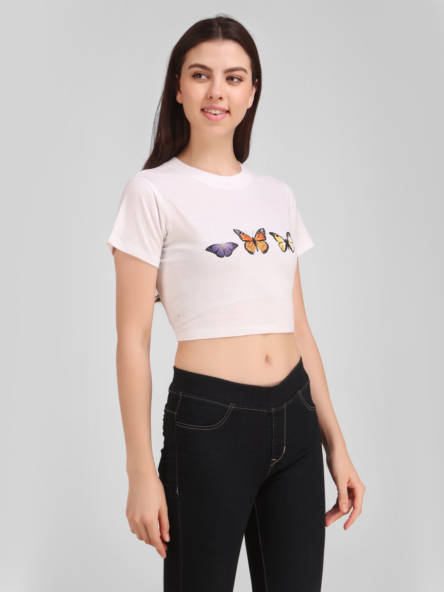 White Coloured Butterfly Print Trendy Crop Top!!