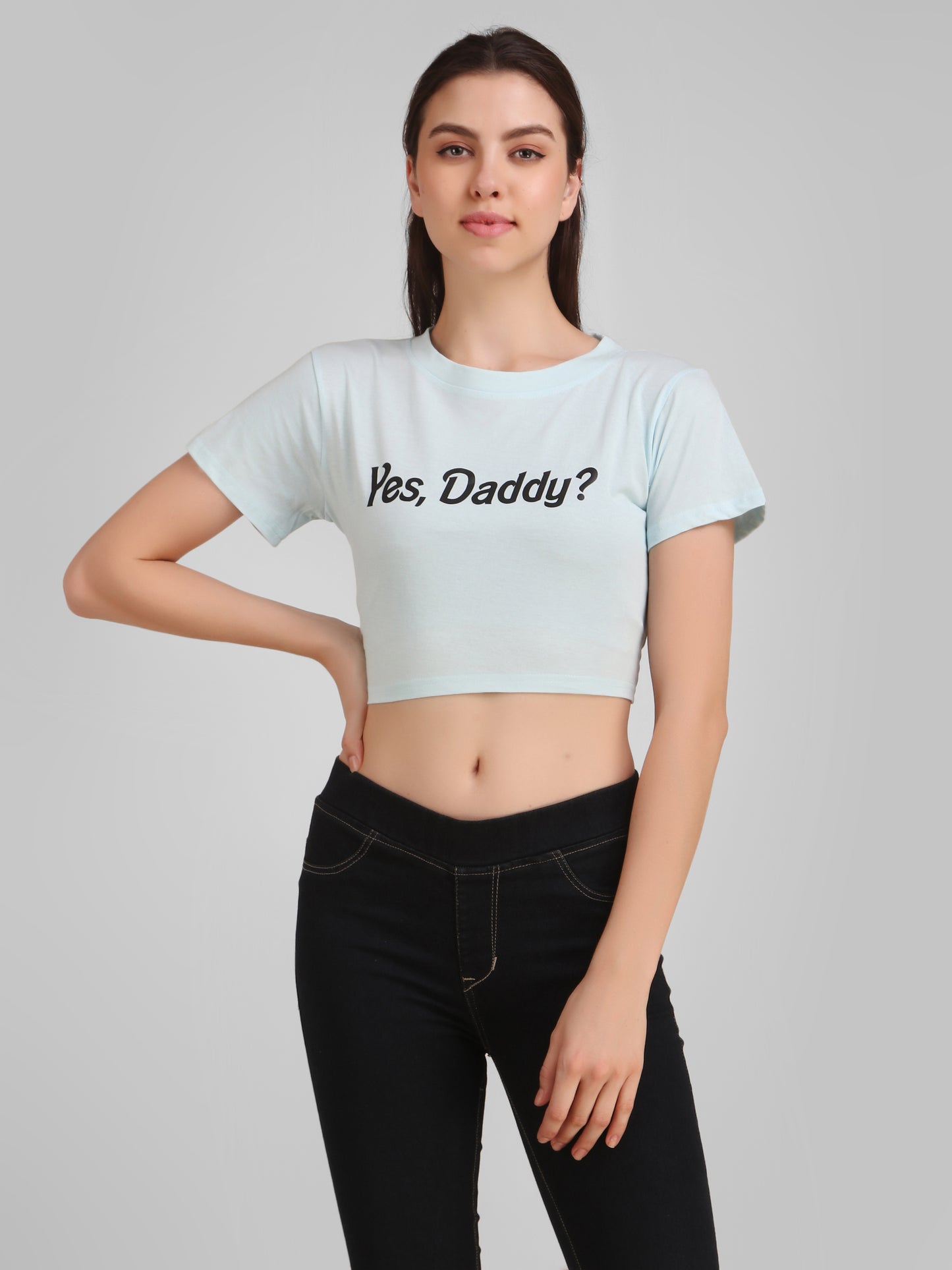 Sky Blue Coloured Yes Daddy Print Trendy Crop Top!!