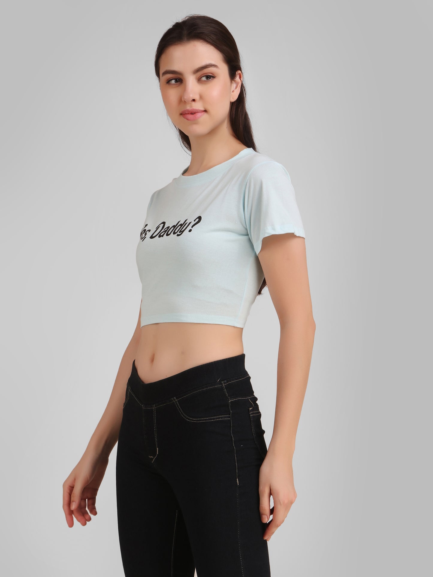 Sky Blue Coloured Yes Daddy Print Trendy Crop Top!!