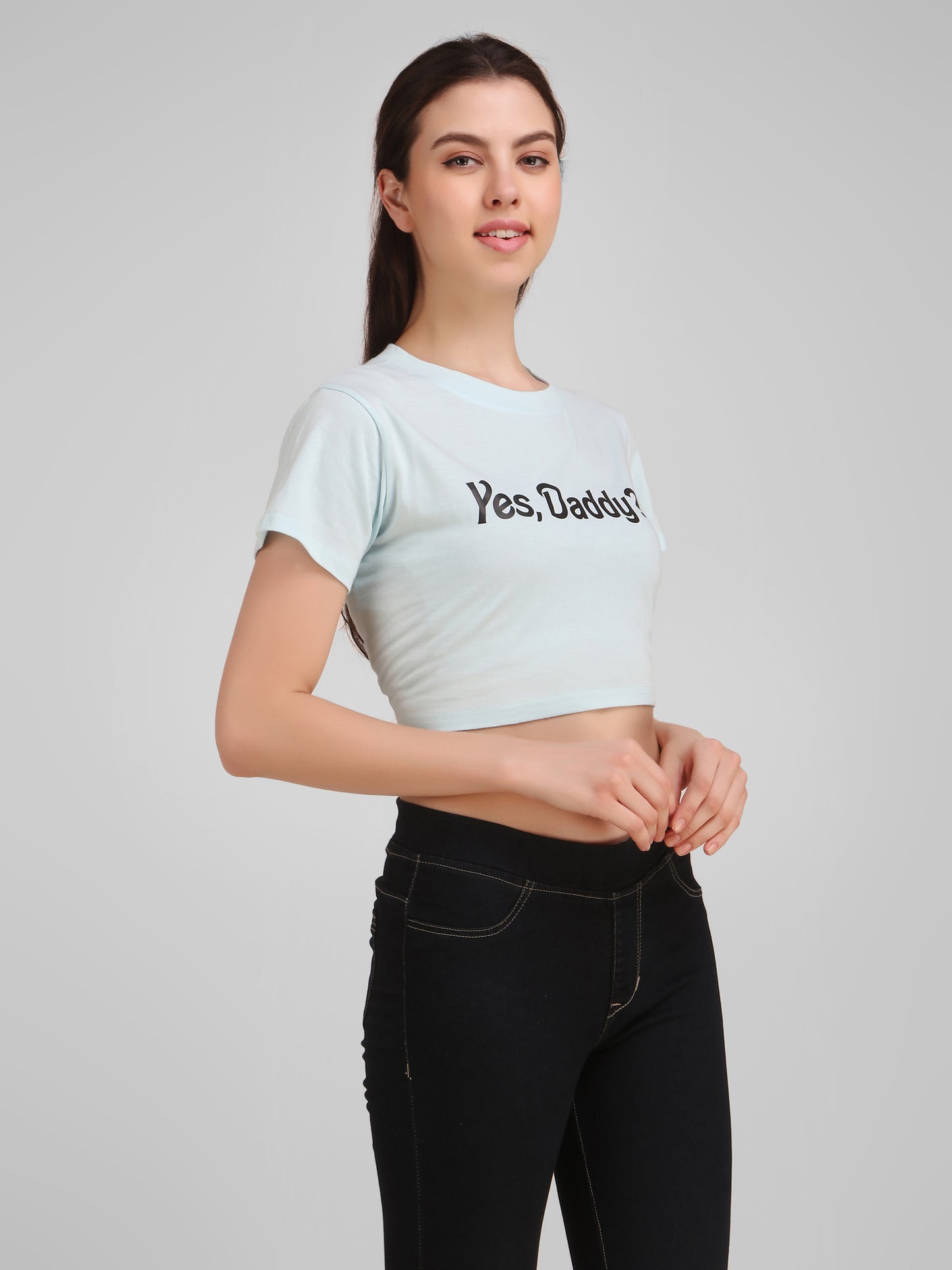 Sky Blue Coloured Yes Daddy Print Trendy Crop Top!!