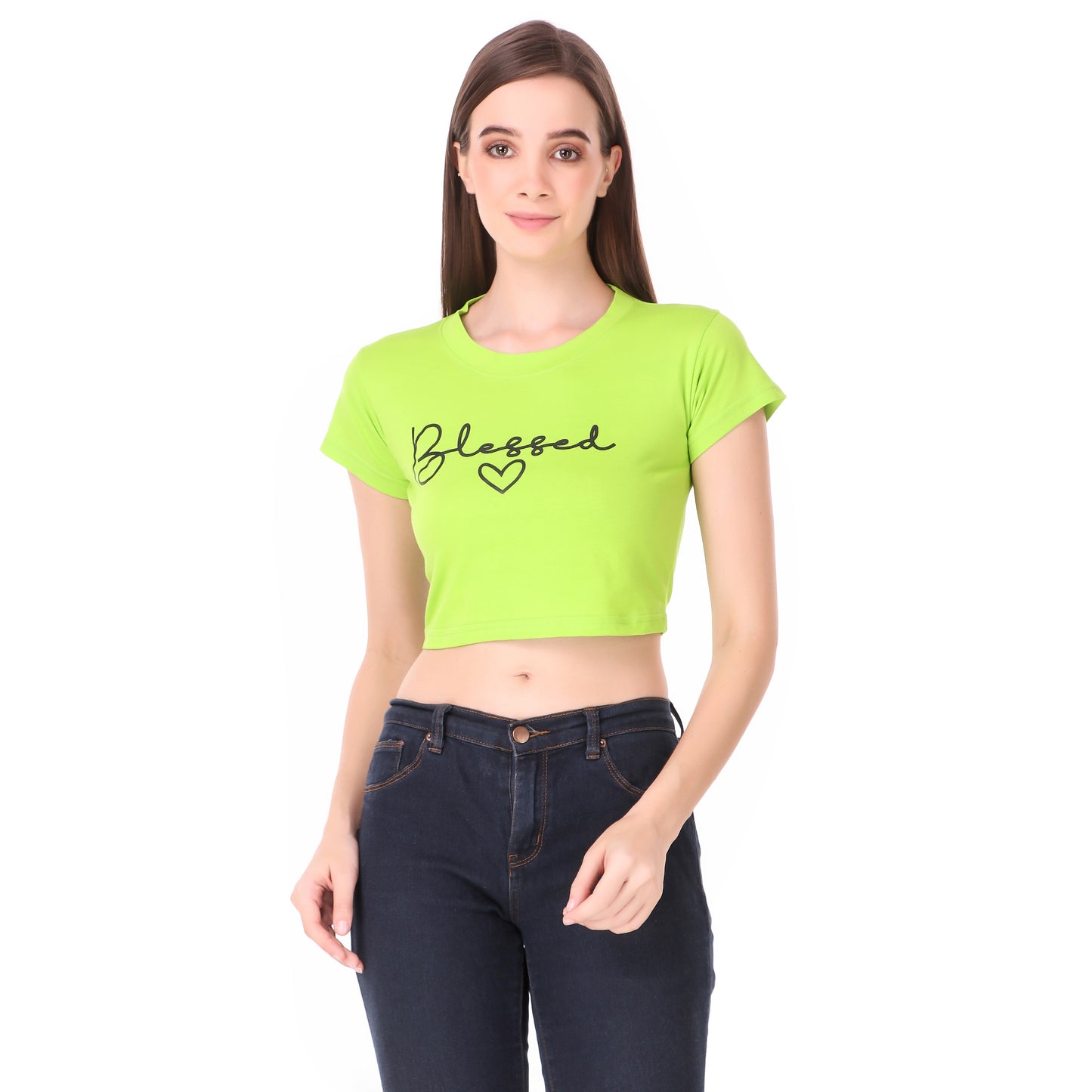 Green Coloured Blessed Print Trendy Crop Top!!