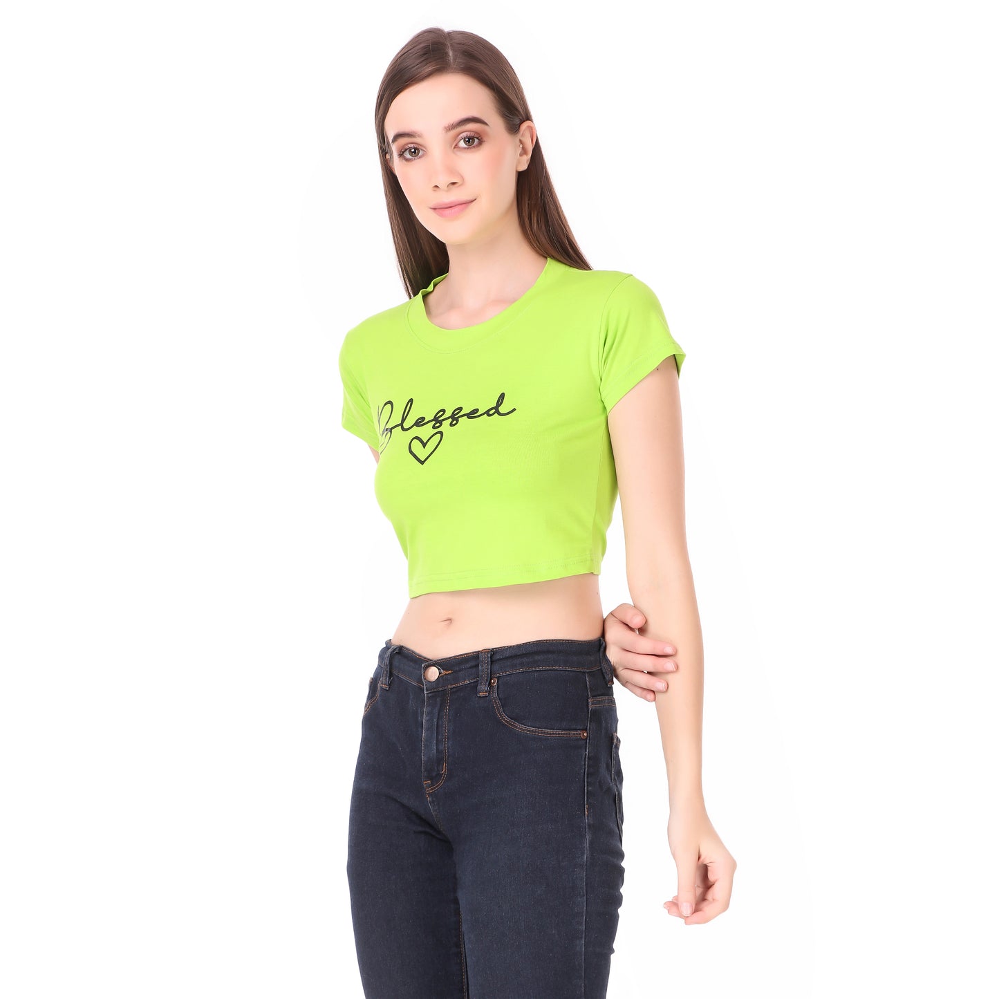 Green Coloured Blessed Print Trendy Crop Top!!