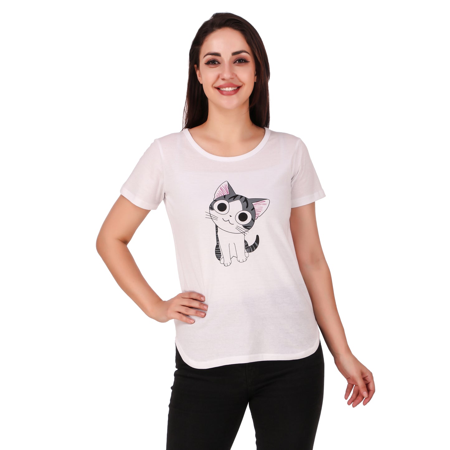 White Coloured Cat Print Trendy T Shirt!!