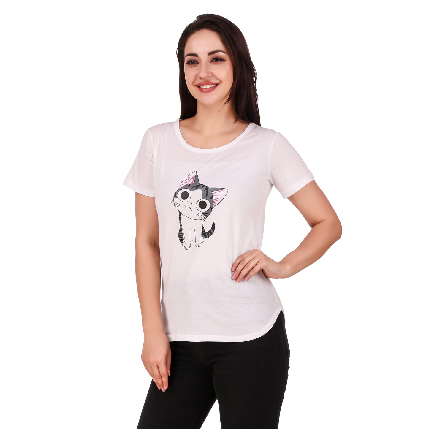 White Coloured Cat Print Trendy T Shirt!!