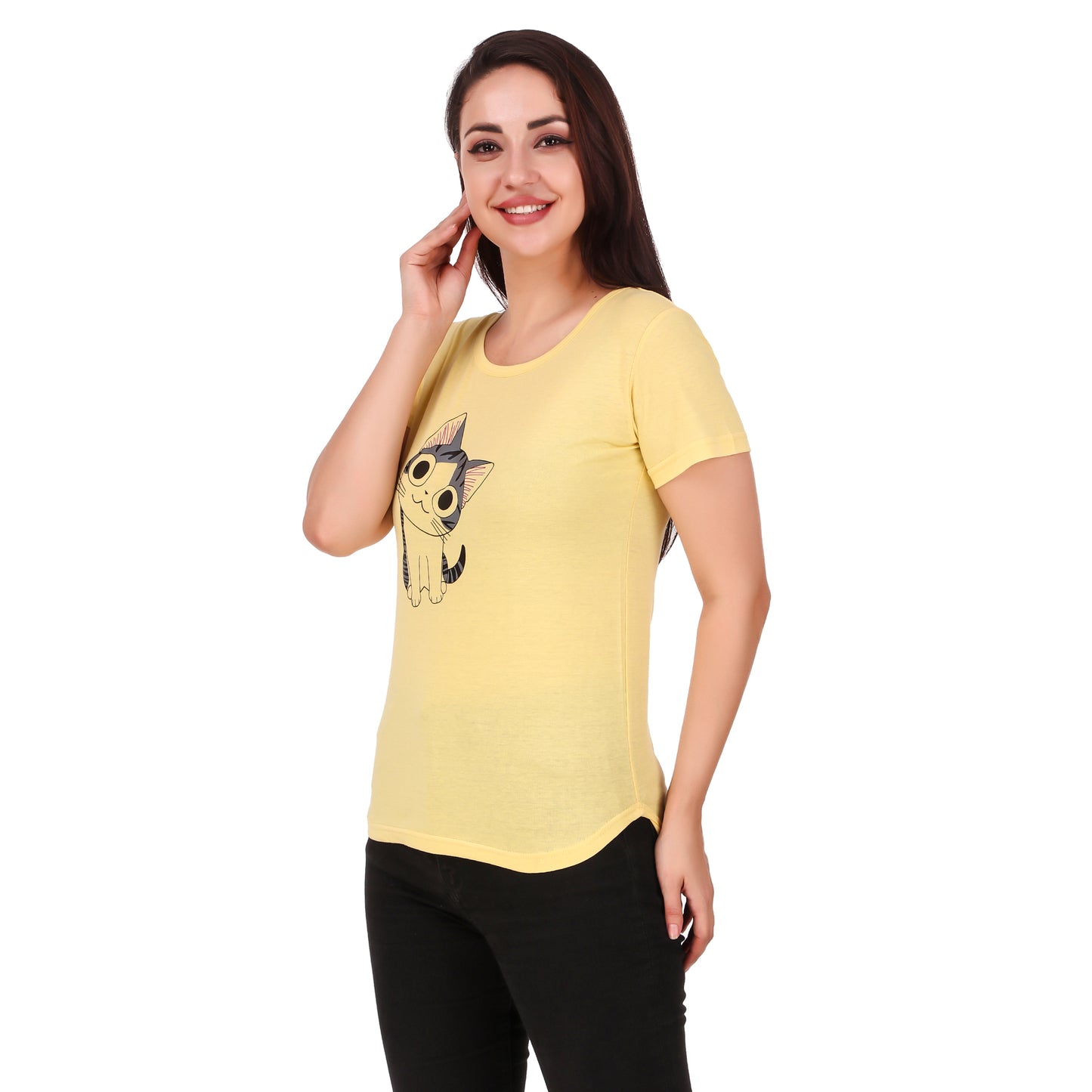 Yellow Coloured Cat Print Trendy T Shirt!!