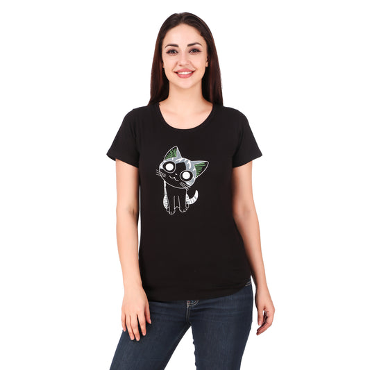 Black Coloured Cat Print Trendy T Shirt!!