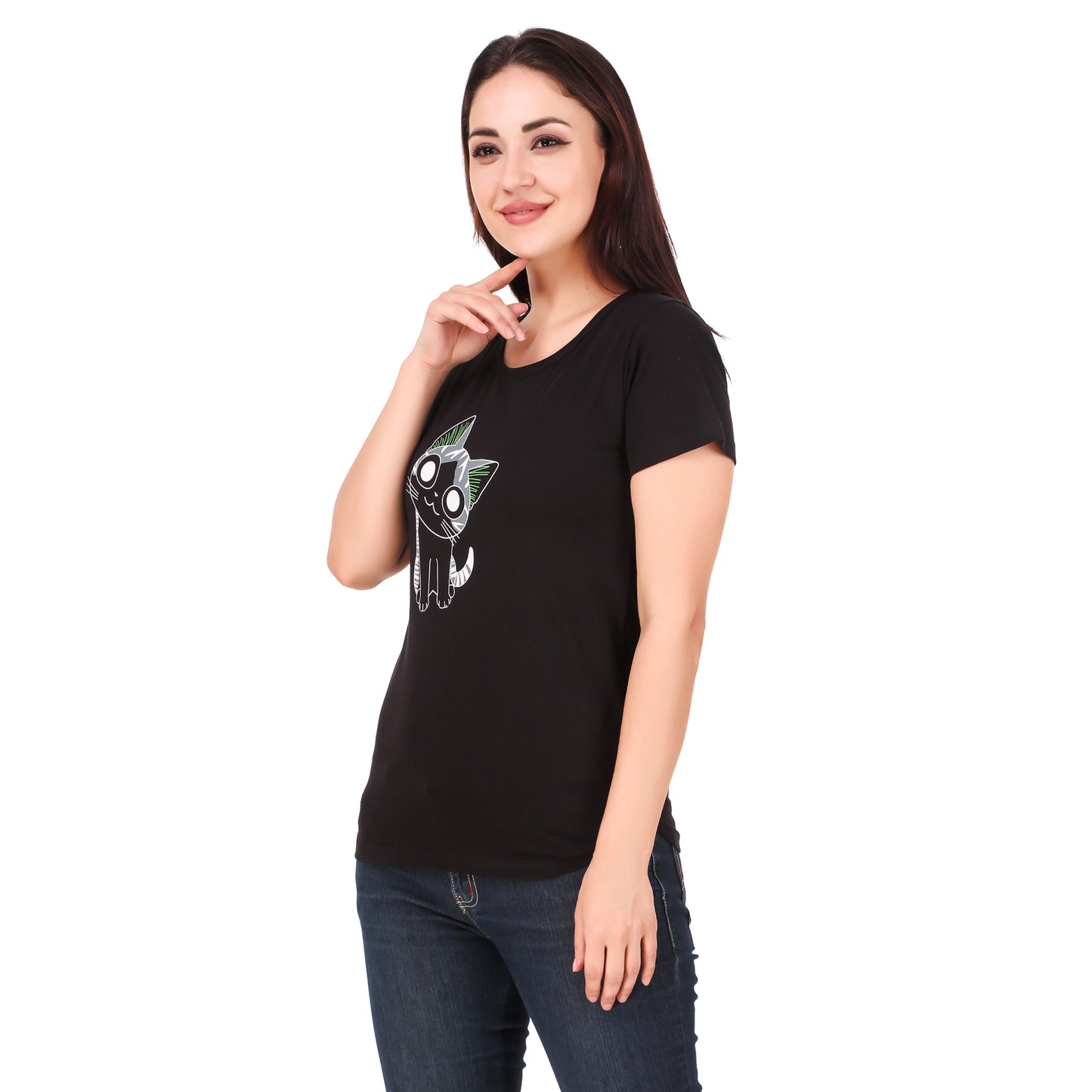 Black Coloured Cat Print Trendy T Shirt!!
