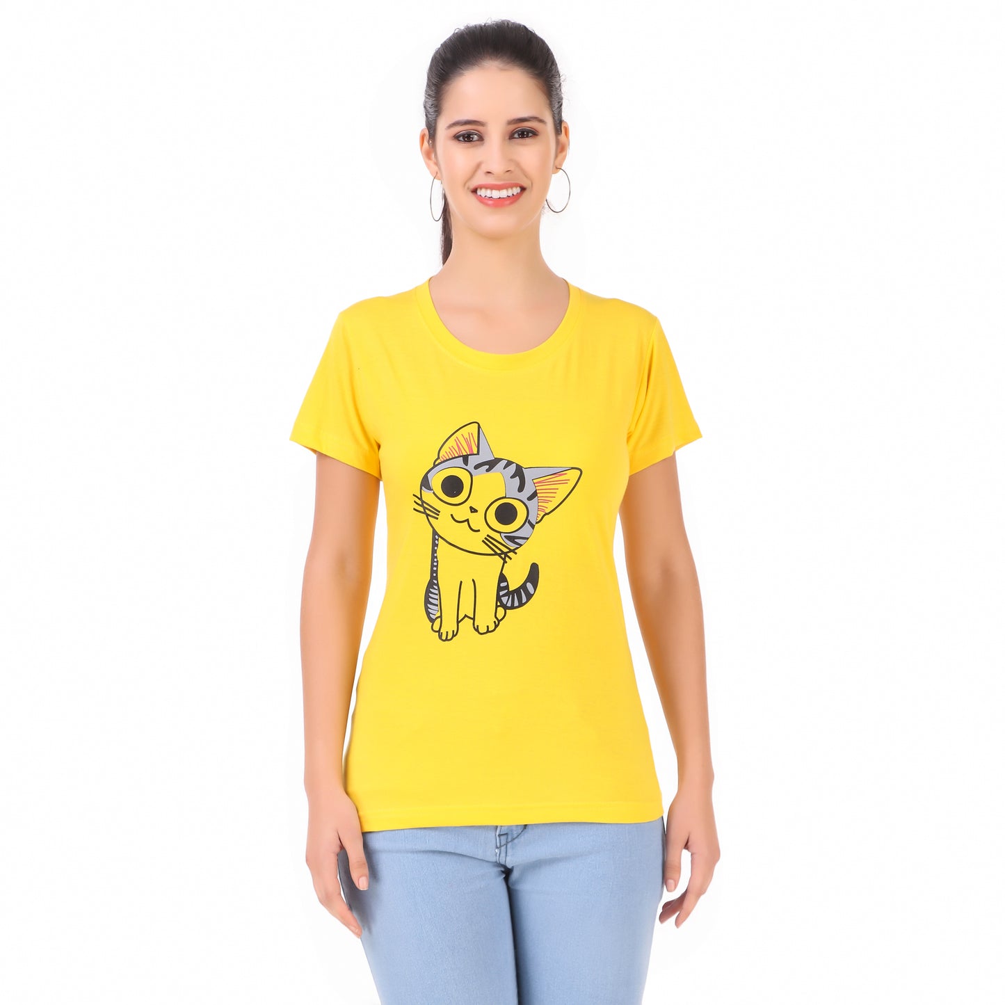 Yellow Coloured Cat Eyes Print Trendy T Shirt!!