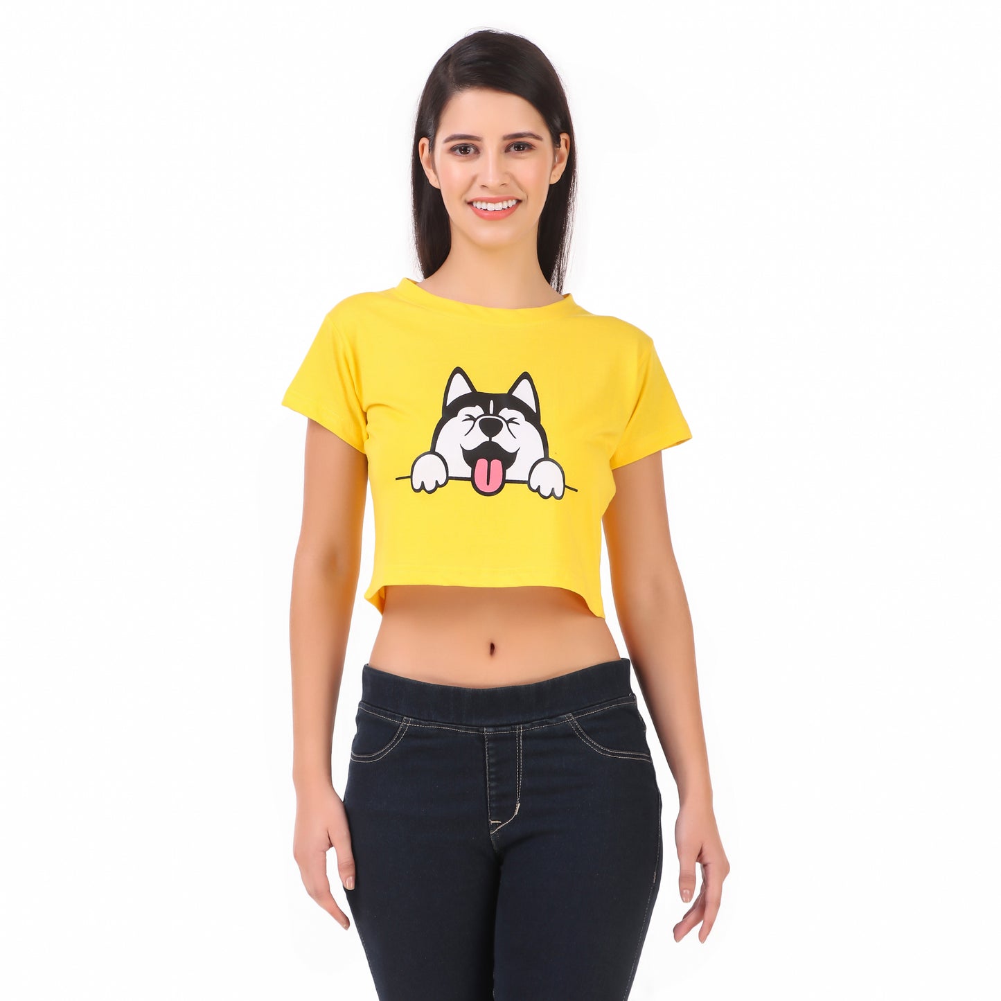 Yellow Coloured Dog Print Trendy Crop Top!!