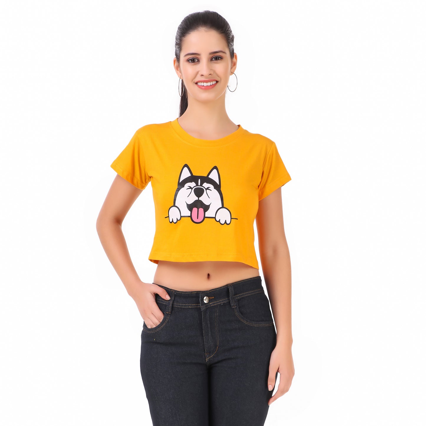 Mustard Coloured Dog Print Trendy Crop Top!!