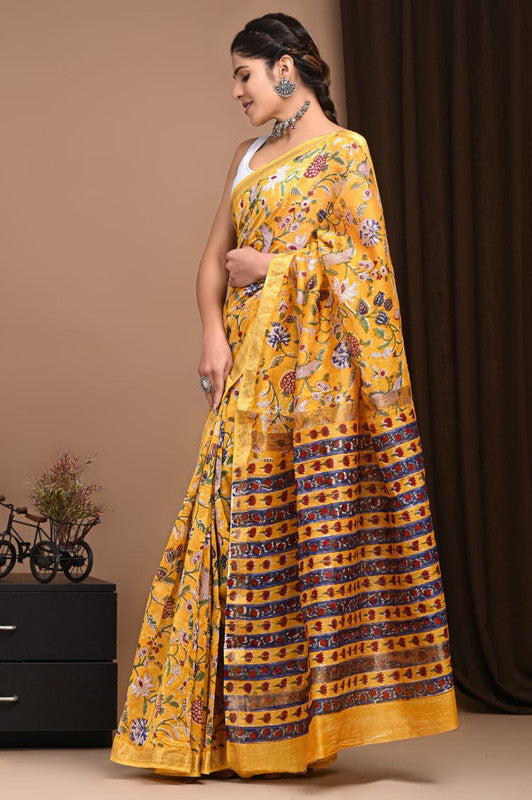 Yellow & Multi Coloured Hand Block Printed Women Designer Party wear Maheshwari Cotton Silk Saree with Runnin Blouse!!