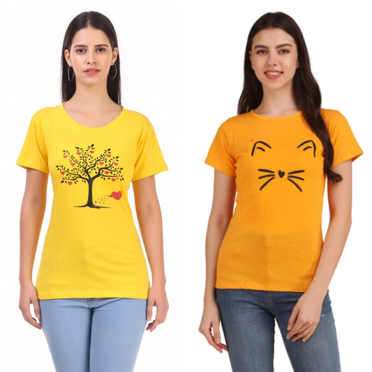 Yellow Tree & Mustard Cat Mustach Print Combo ( 2 Tops) Trendy T Shirt!!