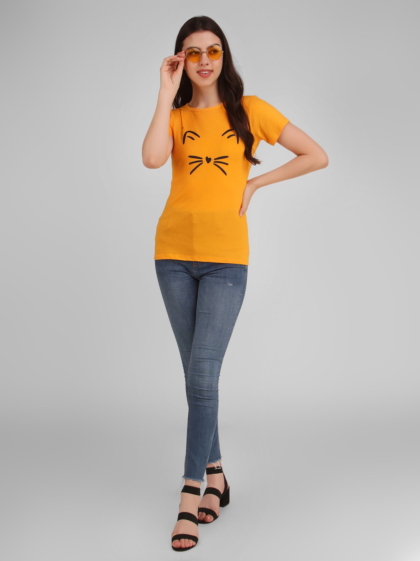 Yellow Tree & Mustard Cat Mustach Print Combo ( 2 Tops) Trendy T Shirt!!