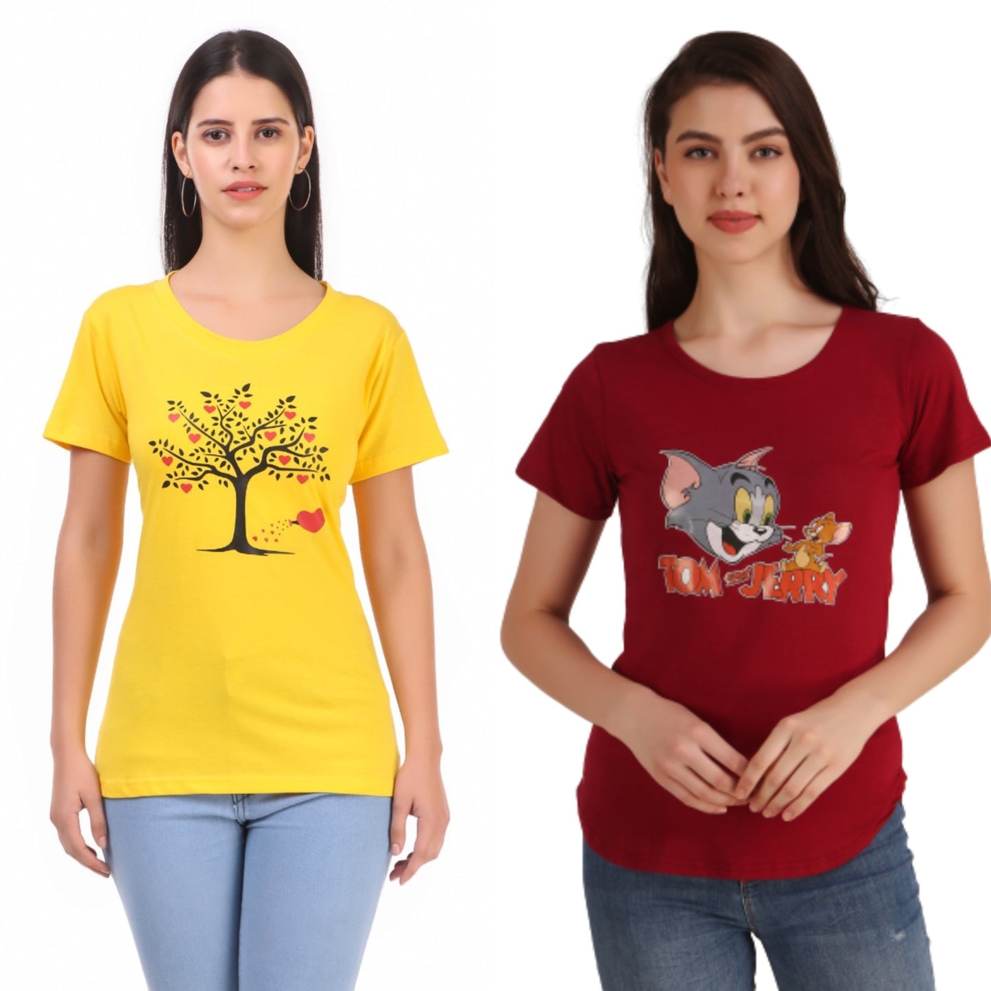 Yellow Tree and Maroon Tom & Jerry Print Combo ( 2 Tops) Trendy T Shirt!!