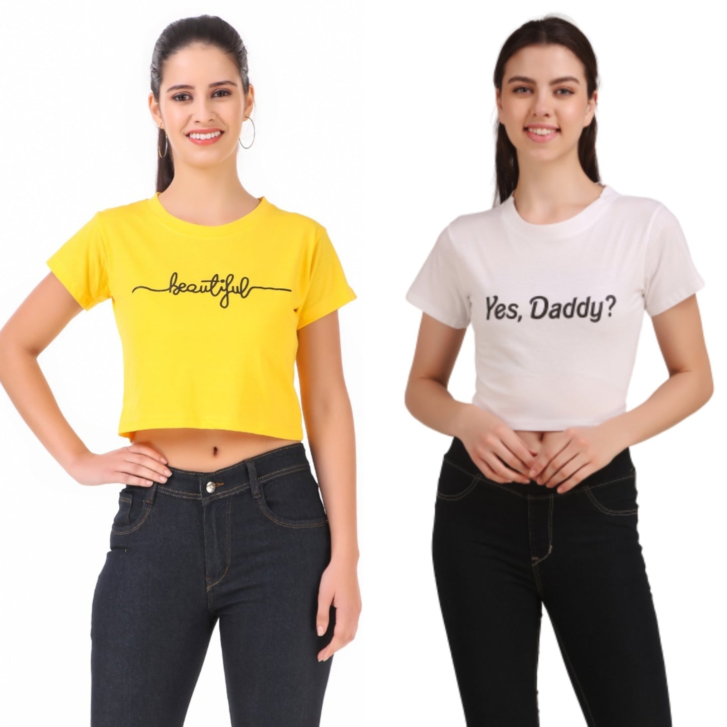 Yellow Beautiful & White Yes Daddy Print Combo(2 Tops) Crop Tops!!