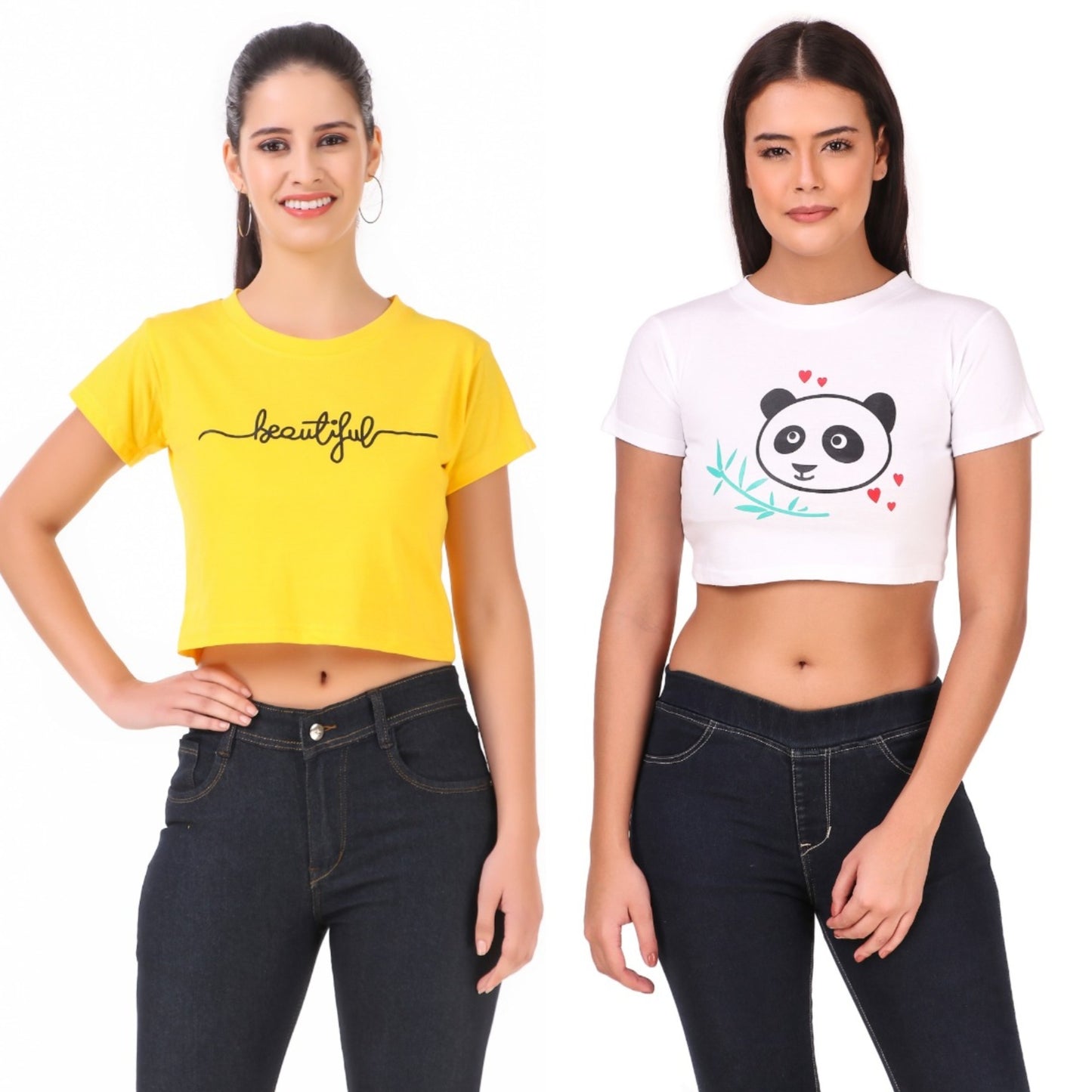Yellow Beautiful & White Panda Print Combo(2 Tops) Crop Tops!!