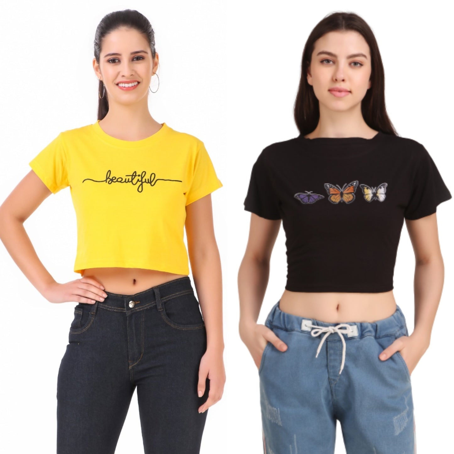 Yellow Beautiful & Black Butterfly  Print Combo(2 Tops) Crop Tops!!